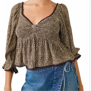 Free People Brown and Cream Floral Top